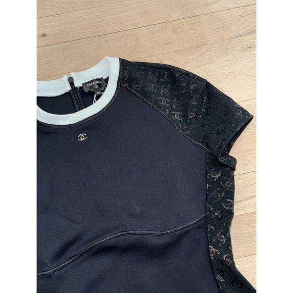 Chanel 24C Black White Crystal CC Logo Neoprene Stretch Jersey Top T Shirt 38 - Picture 8 of 16
